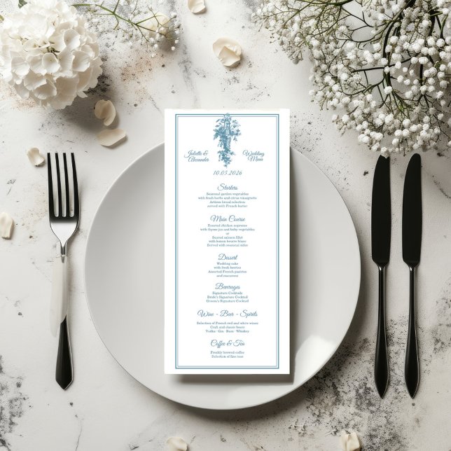 Powder Blue Toile de Jouy Wedding Menu Card (Subido por el creador)