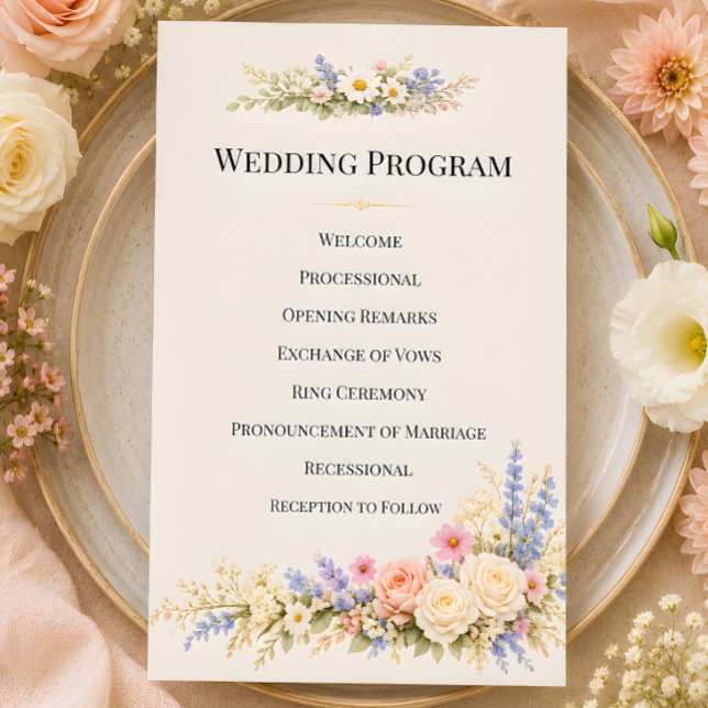 Prado de flores silvestres de lujo con florales ro (Part of the luxury wildflower meadow wedding theme collectiion, program card)