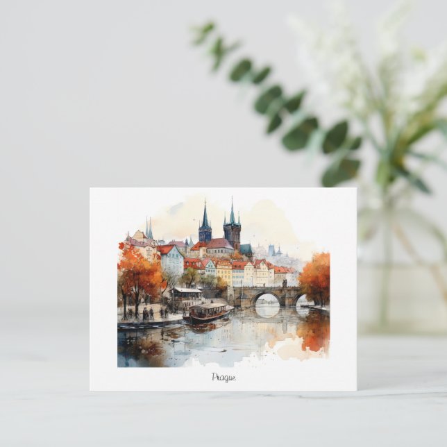 Praga Antigua en Acuarela – Tarjeta Postal Pintada (Anverso de pie)
