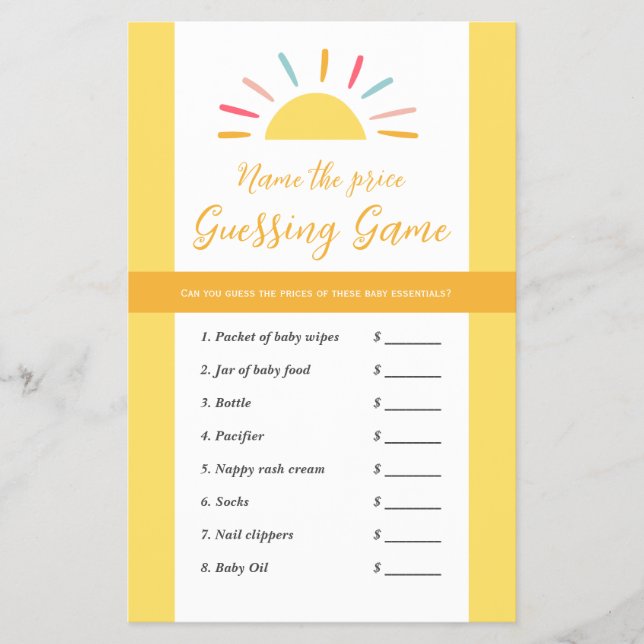 Precio de estimación de hoja de juego de Baby Show (Frente)