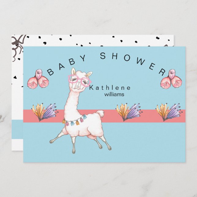 Preciosa invitación a Baby Shower con Llama Rosa y (Anverso / Reverso)