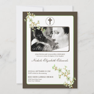 Preciosa invitación al bautismo de cerezo con flor