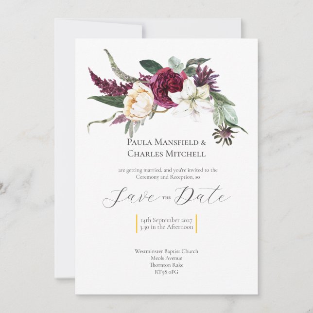 Preciosa tarjeta de Save the Date floral, Invitaci (Anverso)