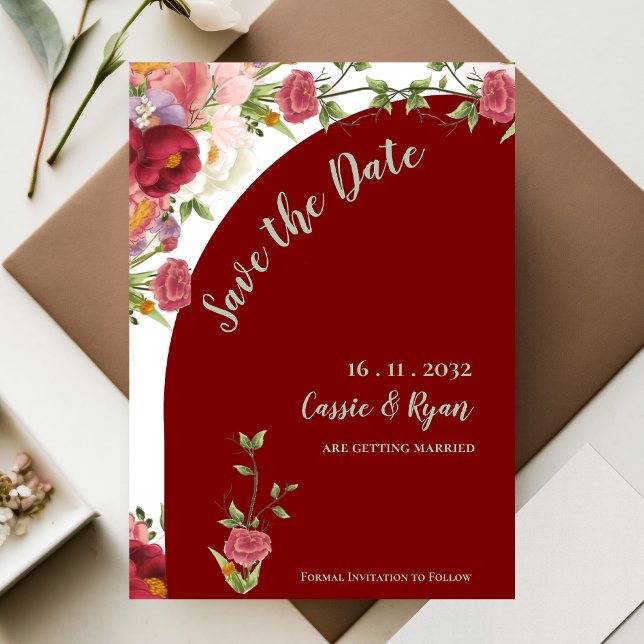 Precioso Arco Floral Rojo para Boda Save the Date (Pretty Red Floral Arch Wedding Save the Date Invitation )
