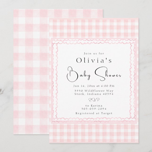 Precious Pink Gingham Baby Shower Invitación (Anverso / Reverso)