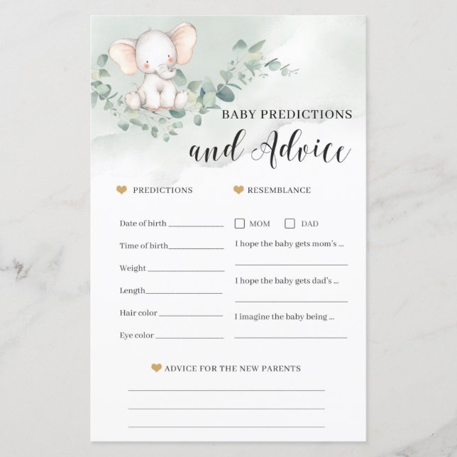 Predicciones del bebé elefante y tarjeta de juegos (Anverso)