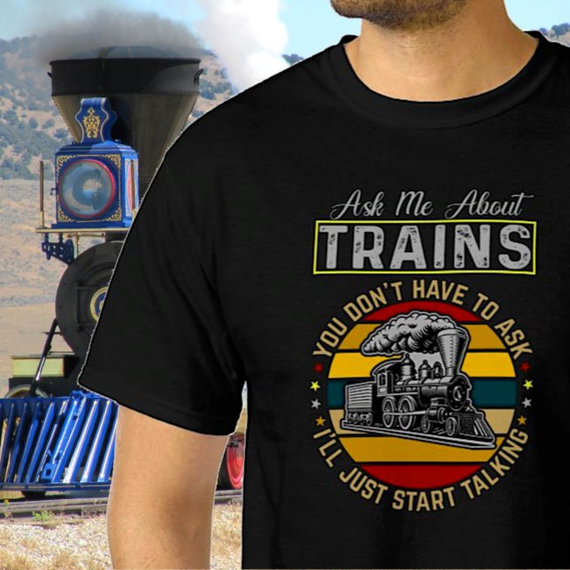 Pregúntame sobre trenes, camiseta de tren con moto (Subido por el creador)