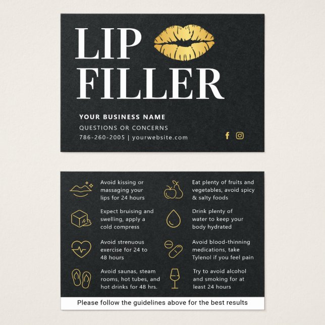 Premium Black & Gold Lip Filler Aftercare Card (Anverso y reverso)