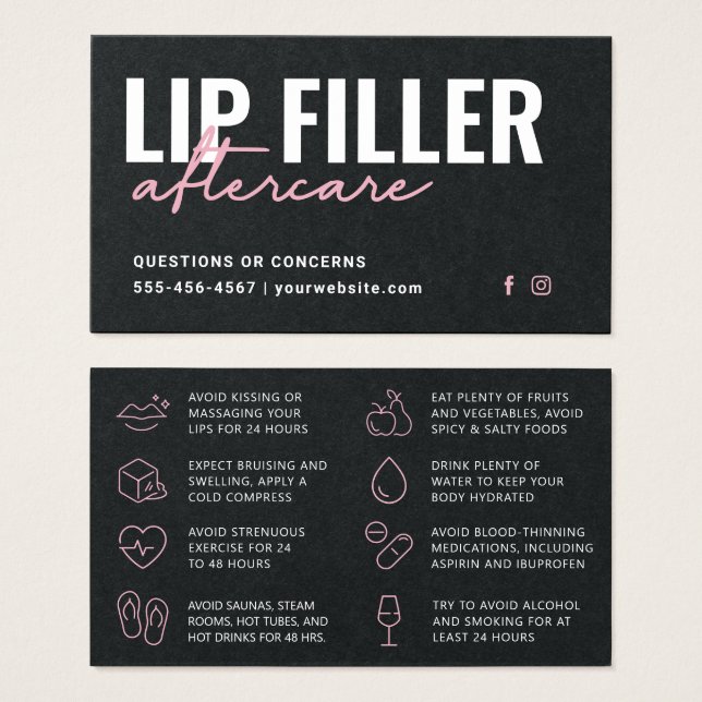 Premium Black Lip Filler Aftercare Advice Card (Anverso y reverso)