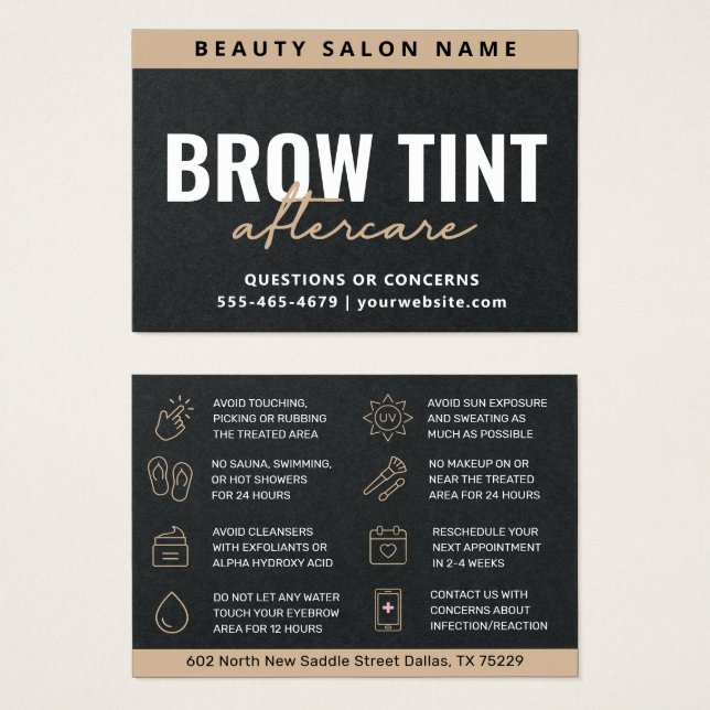 Premium Black Luxury Eyebrow Tint Aftercare Card (Anverso y reverso)