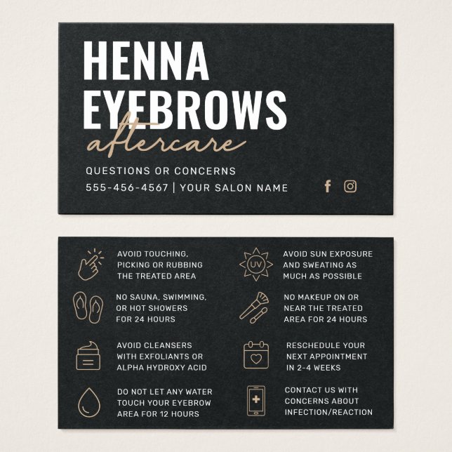 Premium Black Luxury Henna Brows Aftercare Card (Anverso y reverso)
