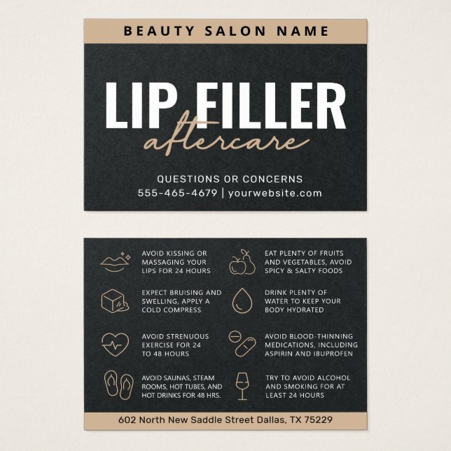 Premium Black Luxury Lip Filler Aftercare Card (Anverso y reverso)