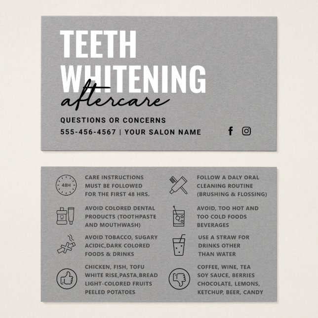 Premium Gray Modern Teeth Whitening Aftercare Card (Anverso y reverso)