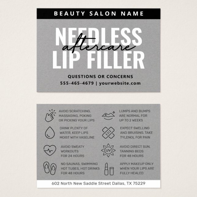 Premium Gray Needles Lips Filler Aftercare Card (Anverso y reverso)