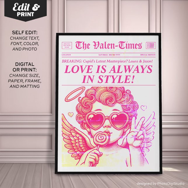 Prensa de arte de moda, arte rosa cupido en la par (Personalized Trendy Newspaper Art Print, Pink Cupid Wall Art, Love is Always in Style)