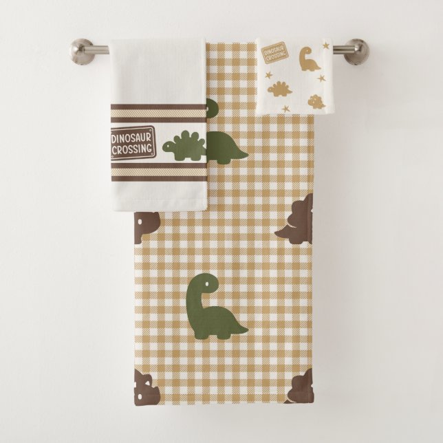Preppy Boys Dinosaur Gingham - Brown Green & Khaki (In situ)