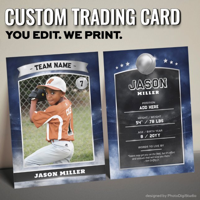 Presentación Estadio Blue Silver de la tarjeta de comercio de b (Custom Trading Card, Editable Baseball Trading Card, Modern Blue Silver Stadium Design)