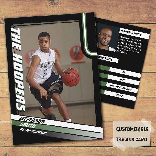 Presentación Jugador de baloncesto Personalizado tarjeta de int (Basketball Player Trading Card in Black with custom team name and player name with Green stripes
)