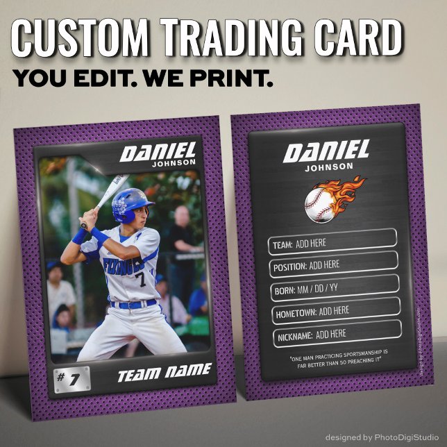 Presentación Jugador de Béisbol con Tarjeta Purple Baseball (Custom Baseball Trading Card, Modern Purple Player Card)