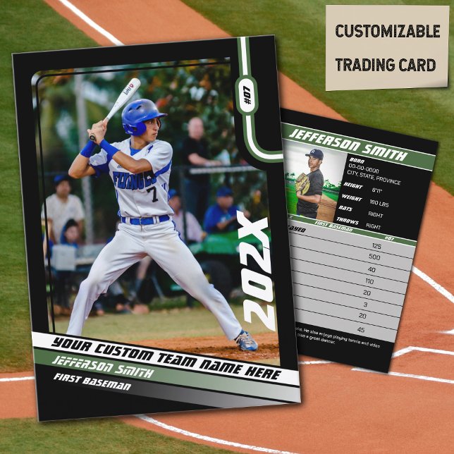 Presentación Personalizado de la tarjeta de comercio del jugado (Baseball Player Trading Card in Black with Custom Team Name and Green White Elements)