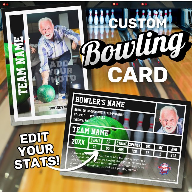 Presentación Recuerdos de la tarjeta de boliche (Custom bowler trading card that can be edited to include your personal bowling team stats.)