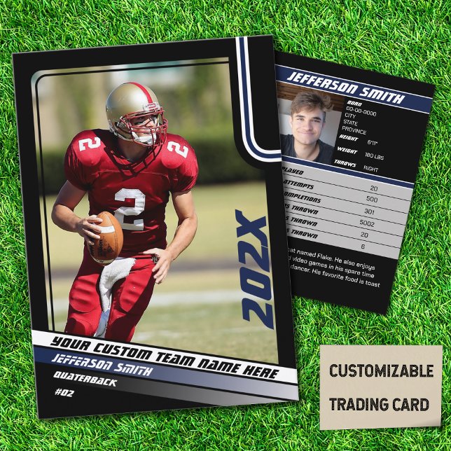 Presentación Regalo de Personalizado de tarjeta de intercambio  (American Football Player Trading Card in Black with Custom Team and Player Name with Blue Stripes)