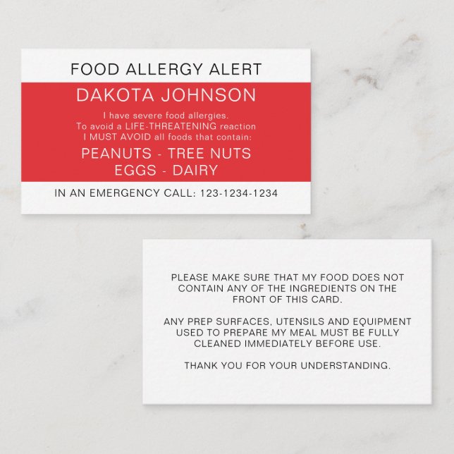 Presentación Tarjeta de alerta de alérgicos para comida de rest (Anverso / Reverso)