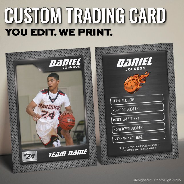 Presentación Tarjeta de baloncesto personalizada, grafito negro (Custom Basketball Trading Card, Black Graphite Player Card)