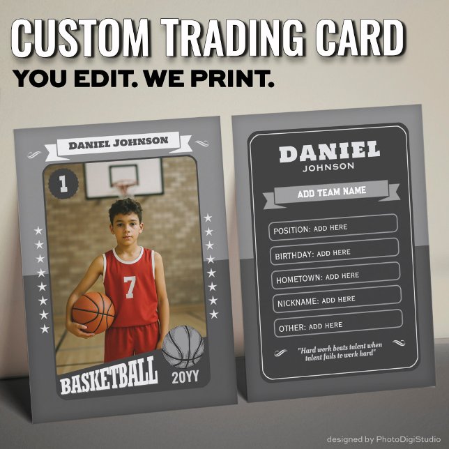 Presentación Tarjeta de baloncesto personalizada, jugador retro (Custom Basketball Trading Card, Gray Retro Player Card)