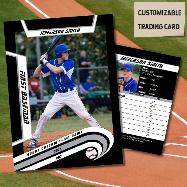 Presentación Tarjeta de béisbol de intercambio plateada negra a (Baseball Player Trading Card in Black with Custom Team Name and White Silver Elements)