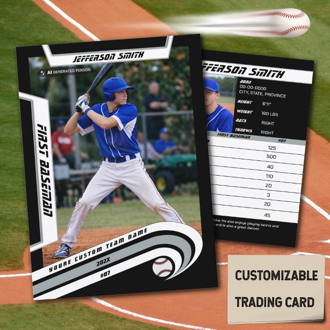 Presentación Tarjeta de béisbol de intercambio plateada negra v (Baseball Player Trading Card in Black with Custom Team Name and White Silver Elements)
