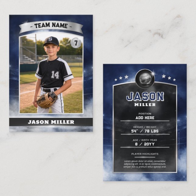 Presentación Tarjeta de béisbol personalizada, estadio azul pla (Anverso / Reverso)