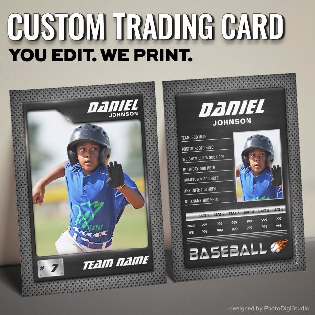 Presentación Tarjeta de béisbol personalizada, estadísticas PRO (Custom Baseball Trading Card, Graphite PRO Stats Player Card)