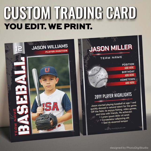 Presentación Tarjeta de béisbol personalizada, Jugador de Poder (Custom Baseball Trading Card, Red Power Player Card)