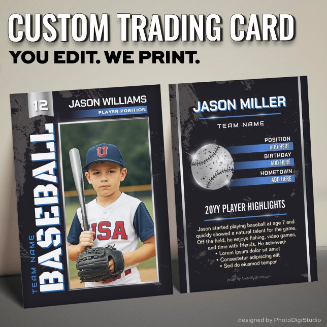 Presentación Tarjeta de béisbol personalizada, jugador de poder (Custom Baseball Trading Card, Blue Power Player Card)