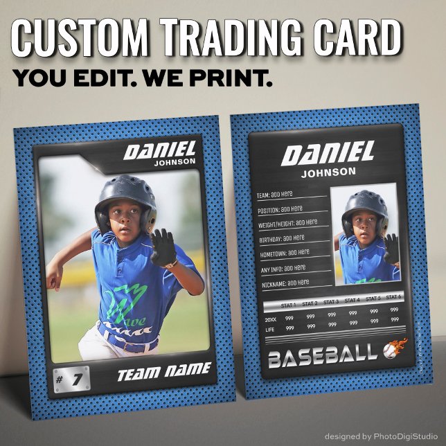 Presentación Tarjeta de béisbol PRO con tarjeta de intercambio  (Custom Baseball Trading Card, Blue Black PRO Stats Player Card)