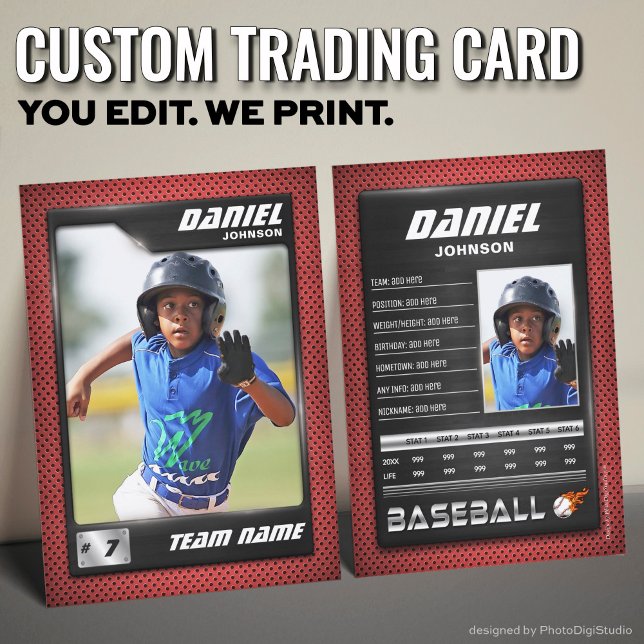 Presentación Tarjeta de béisbol PRO con tarjeta de intercambio  (Custom Baseball Trading Card, Red Black PRO Stats Player Card)