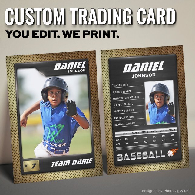 Presentación Tarjeta de béisbol PRO con tarjeta de intercambio  (Custom Baseball Trading Card, Gold Black PRO Stats Player Card)