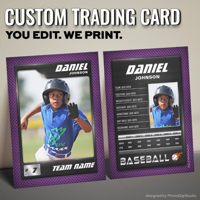 Presentación Tarjeta de béisbol PRO con tarjeta de intercambio  (Custom Baseball Trading Card, Purple PRO Stats Player Card)