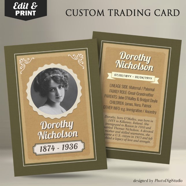 Presentación Tarjeta de comercio de antepasado personalizado, t (Vintage Custom Ancestor Trading Card, Family Heritage Card Personalized Family Gifts Keepsakes)