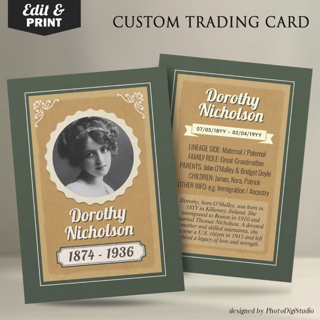 Presentación Tarjeta de comercio de antepasado personalizado, t (Vintage Custom Ancestor Trading Card, Family Heritage Card Personalized Family Gifts Keepsakes)