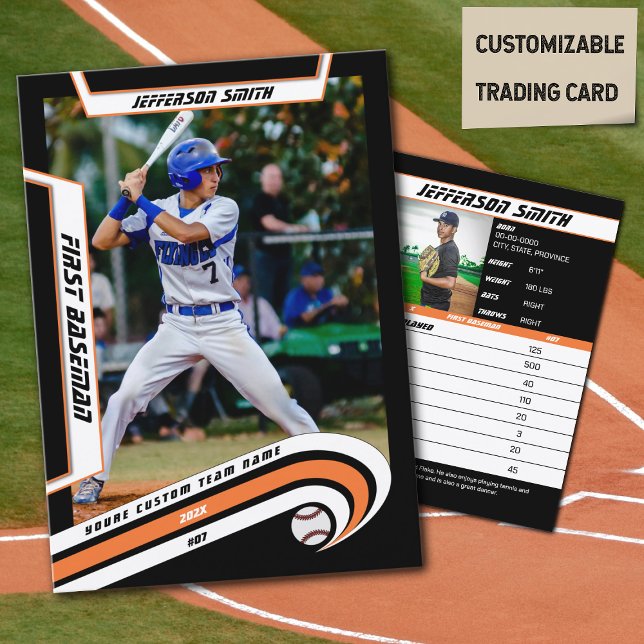 Presentación Tarjeta de Comercio de Béisbol Naranja activo Negr (Baseball Player Trading Card in Black with Custom Team Name and White Orange Elements)