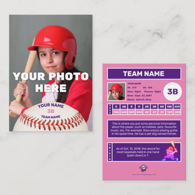 Presentación Tarjeta de comercio de béisbol "Pink Back" - Estad (Anverso / Reverso)