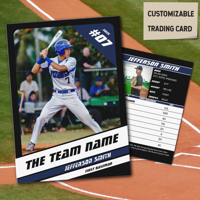 Presentación Tarjeta de comercio de equipos de béisbol Sport Gi (Baseball Player Trading Card in Black with Custom Team Name and White Blue Elements)