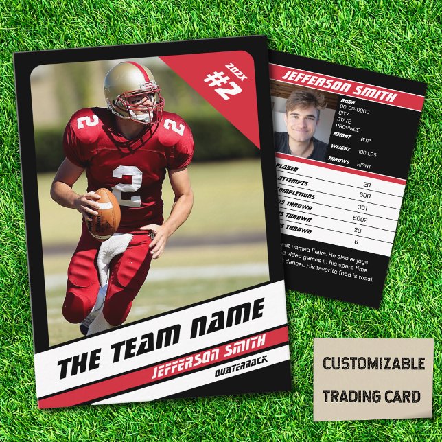 Presentación Tarjeta de comercio de equipos de fútbol regalo de (American Football Player Trading Card in Black with Custom Team and Player Name with Red Stripes
)