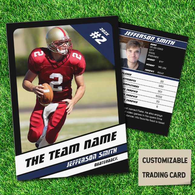 Presentación Tarjeta de comercio de equipos de fútbol Sport Gif (American Football Player Trading Card in Black with Custom Team and Player Name with Blue Stripes
)