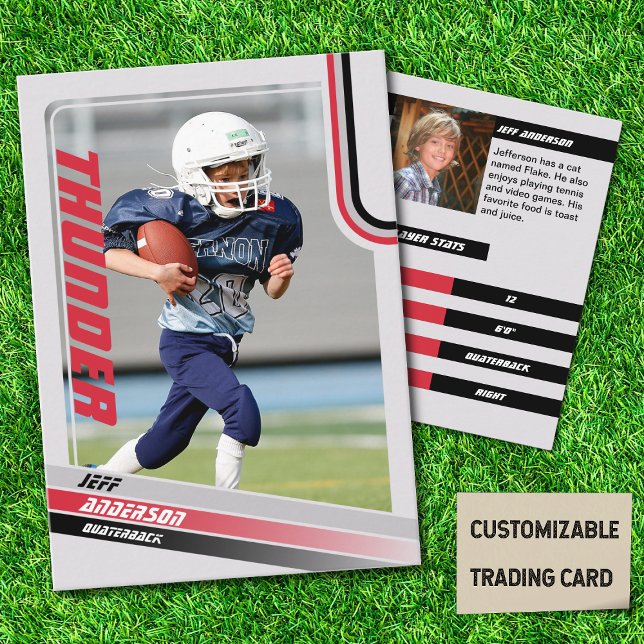 Presentación Tarjeta De Comercio De Fútbol Americano Rojo Para  (American Football Player Trading Card for Kids in Grey with Custom Team and Player Name Red)