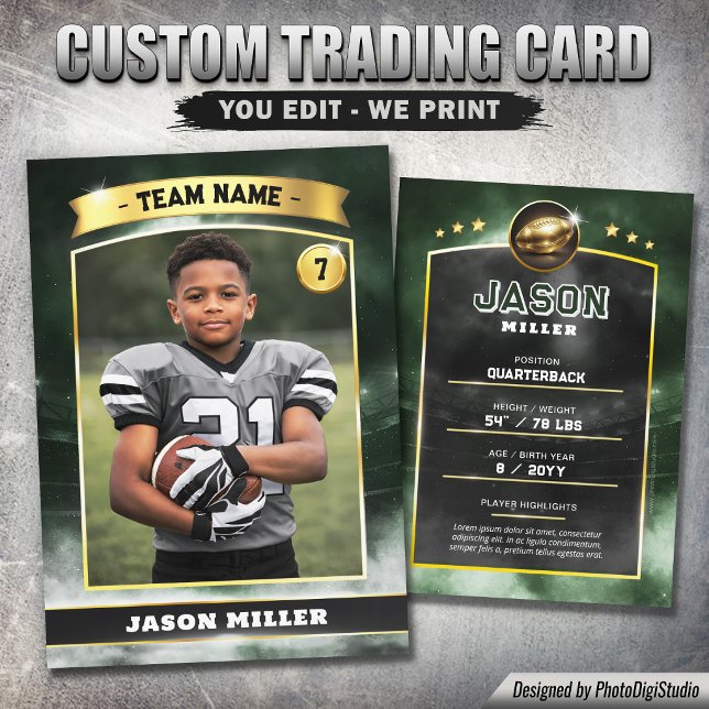 Presentación Tarjeta de comercio de fútbol personalizada, estad (Custom Football Trading Card, Green Gold Stadium Calling Card)