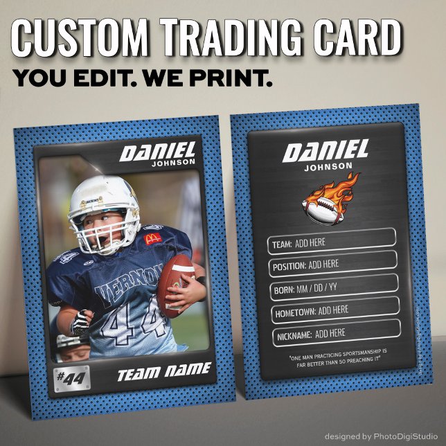 Presentación Tarjeta de comercio de fútbol personalizada, jugad (Custom Football Trading Card, Blue Graphite Player Card)