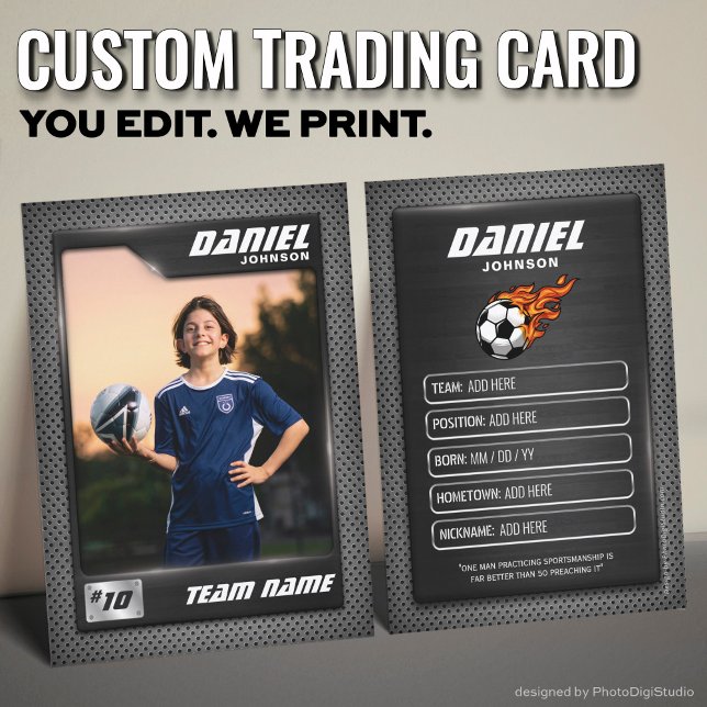 Presentación Tarjeta de comercio de fútbol, tarjeta de deportes (Custom Soccer Trading Card, Black Graphite Sports Player Card)